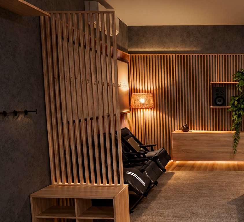 Detalhe: entrada e painel ripado na vista frontal.