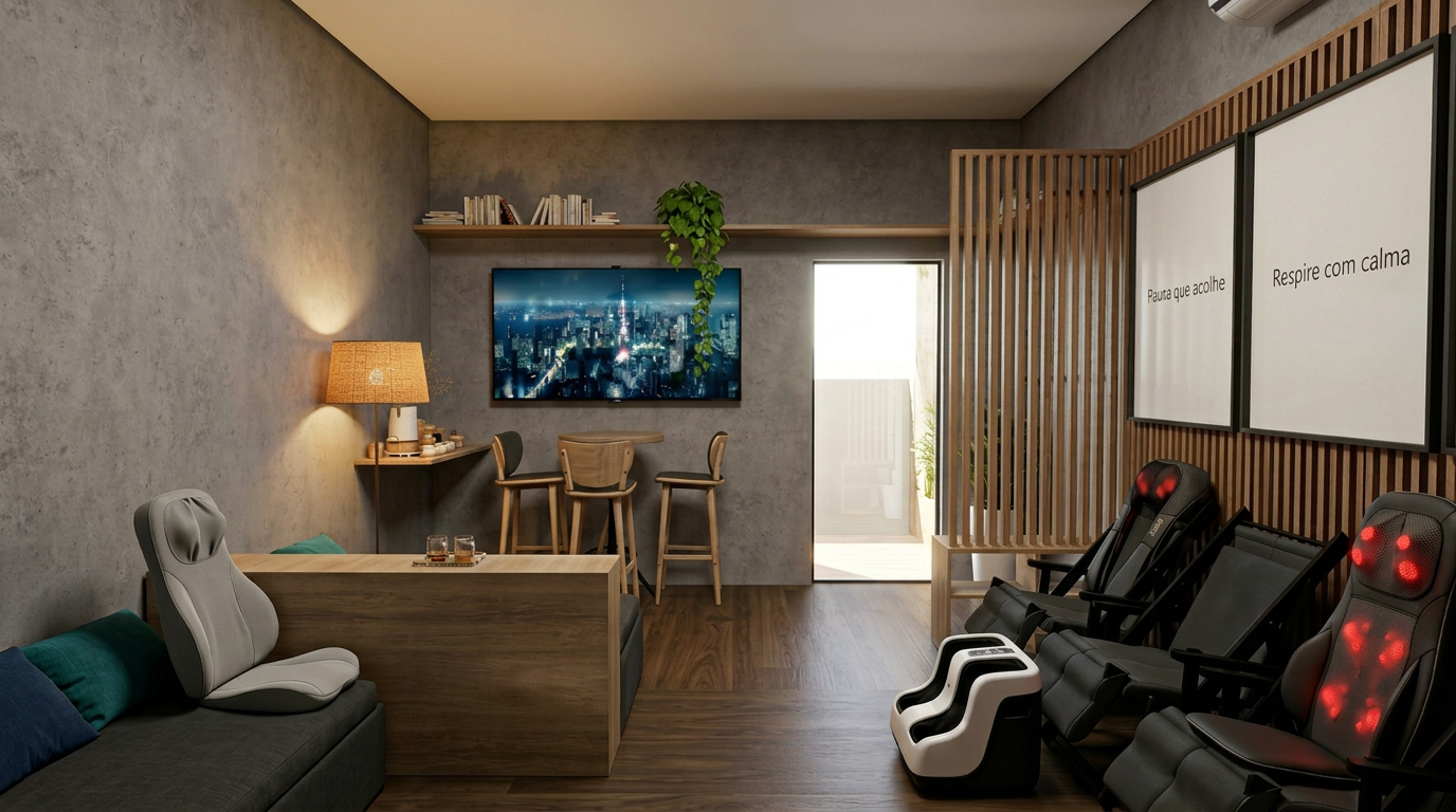 Vista posterior — com equipamentos Lunins, iluminação natural e porta aberta (render 3).